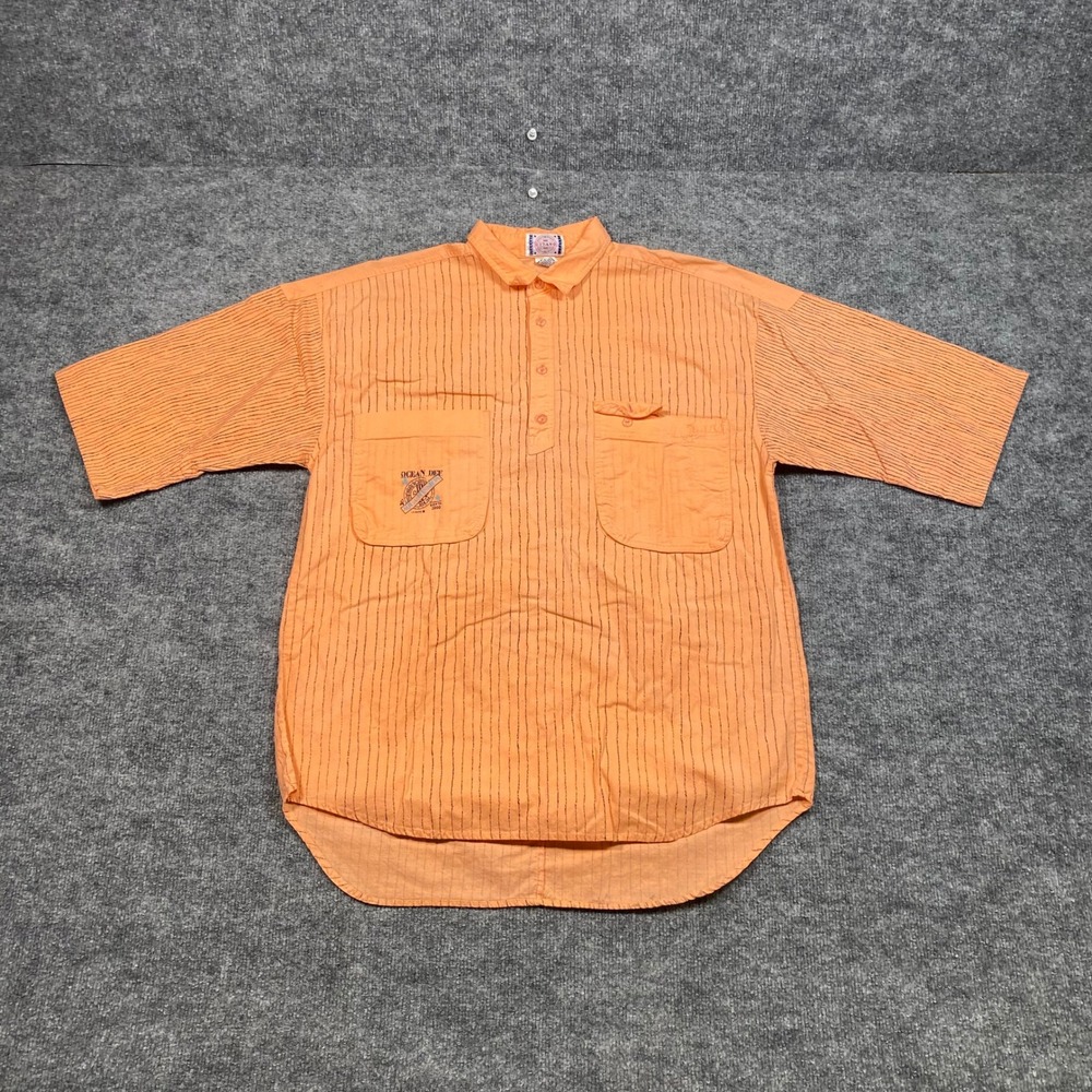 Vintage Gitano Mens Orange Pinstripe Short Sleeve Button Up Shirt Ocean Def M